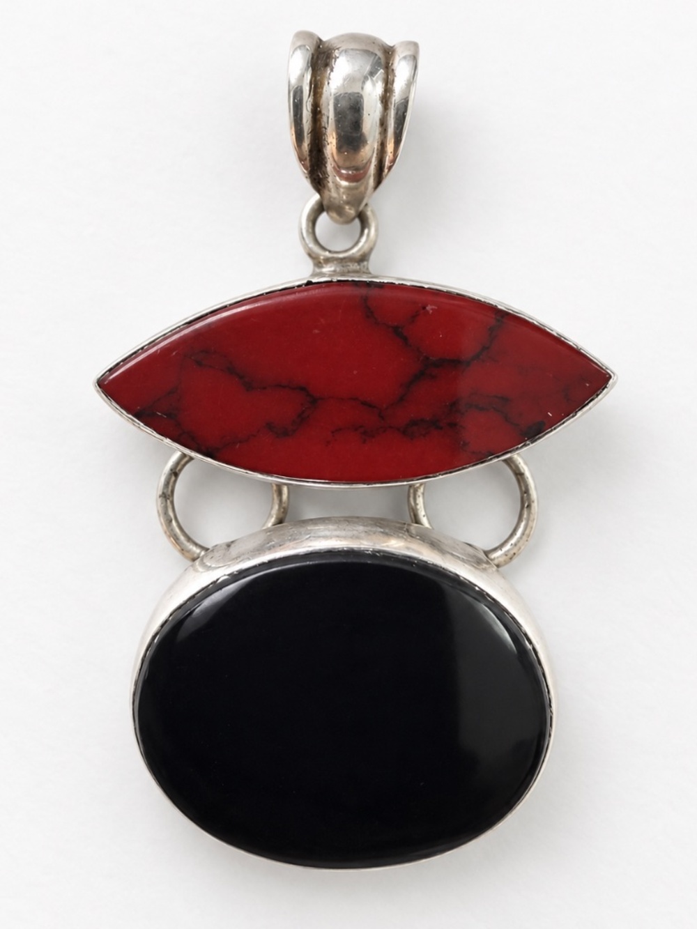 925 Sterling Silver Red & Black Cabochon Articulated Pendant